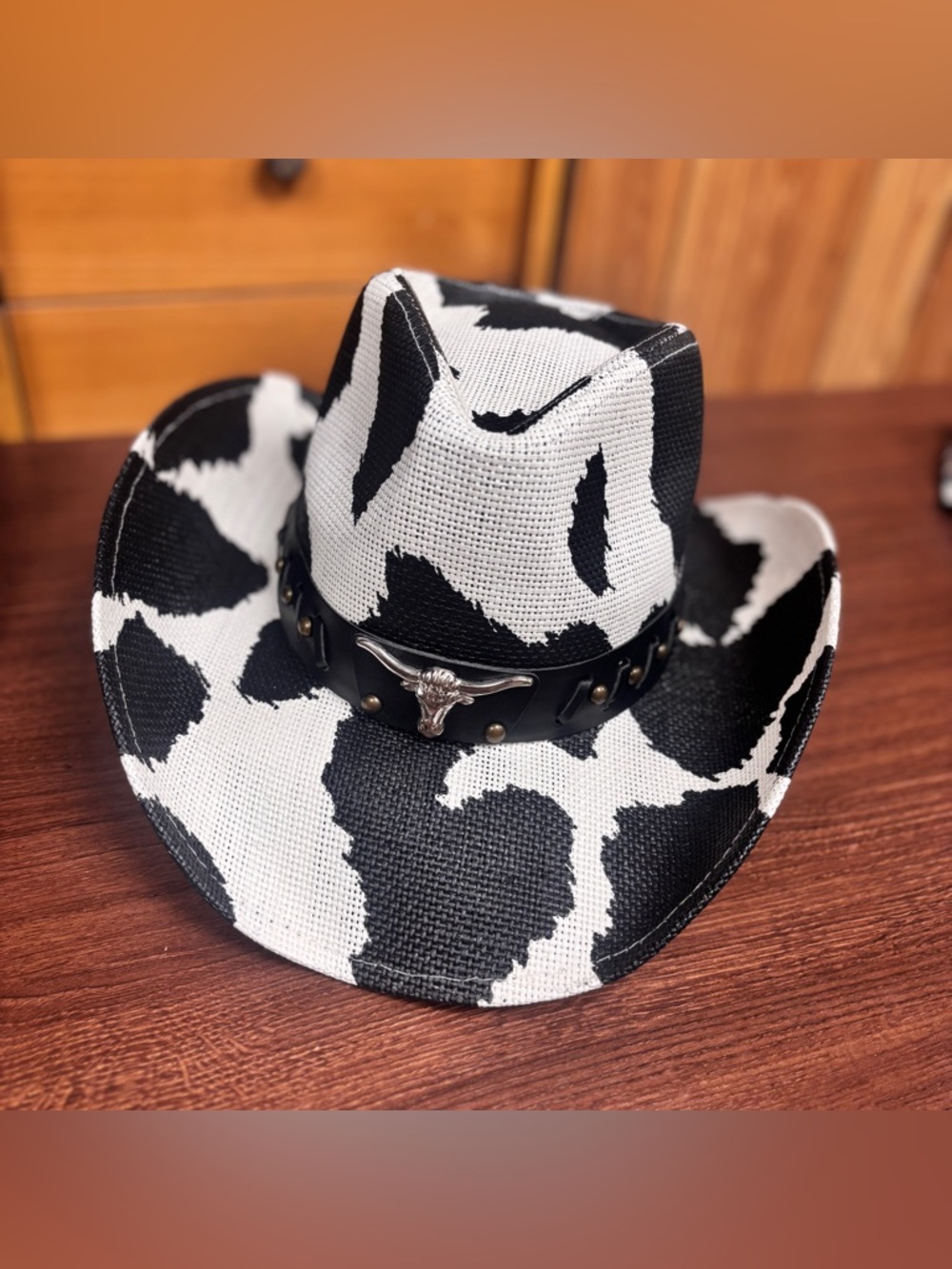 Cow Print Straw Cowboy Hat Cowgirl Rodeo Rave Bull Front Metal Design One Size